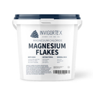 Invigortex Pure Magnesium Flakes in a robust bucket.
